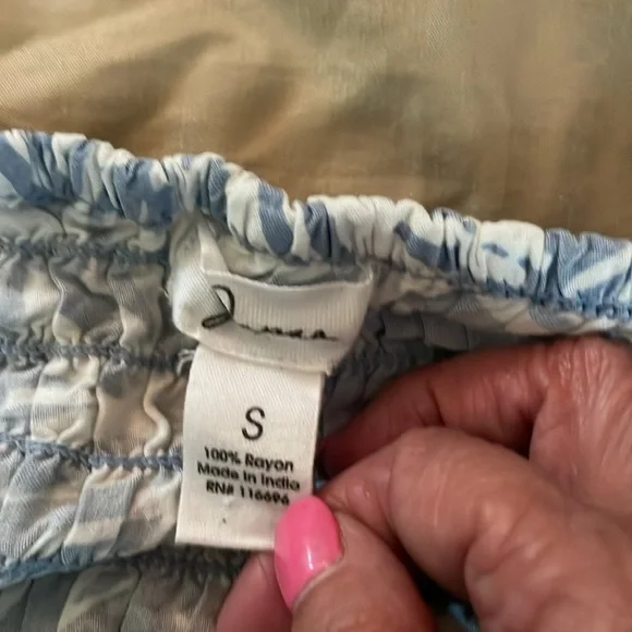 Japna blue and white smocked V neck crop top with ruffled sleeves. - Picture 5 of 5